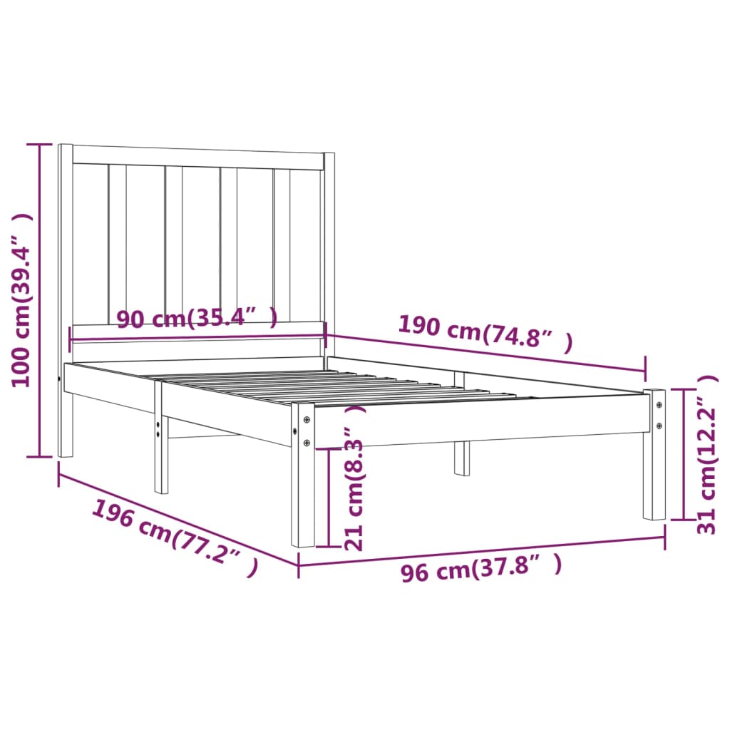 Cadru de pat single, 90x190 cm, lemn masiv de pin