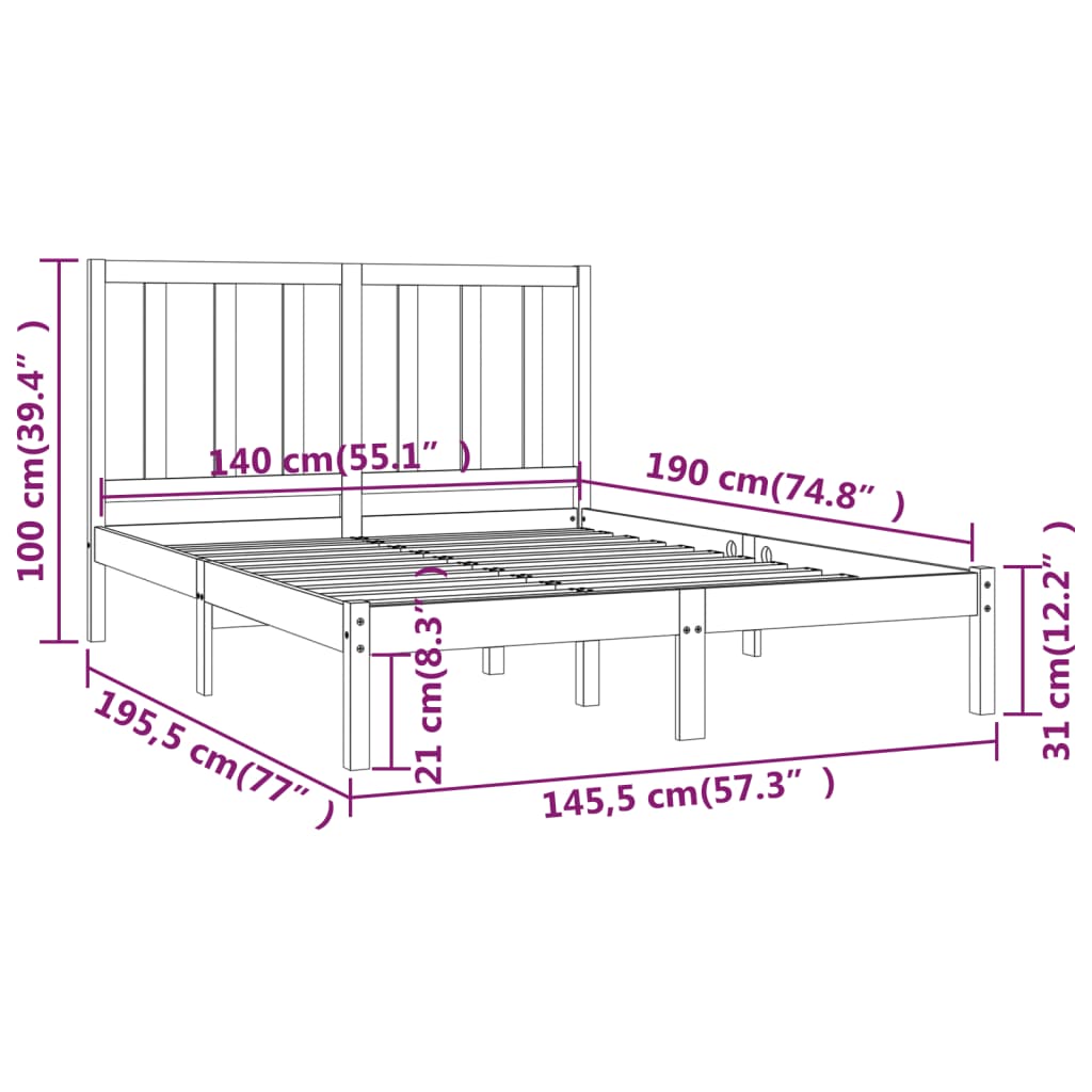 Cadru pat, alb, 140x190 cm, lemn masiv de pin