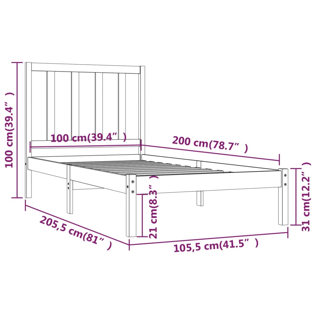 Posteljni okvir bel iz trdne borovine 100x200 cm