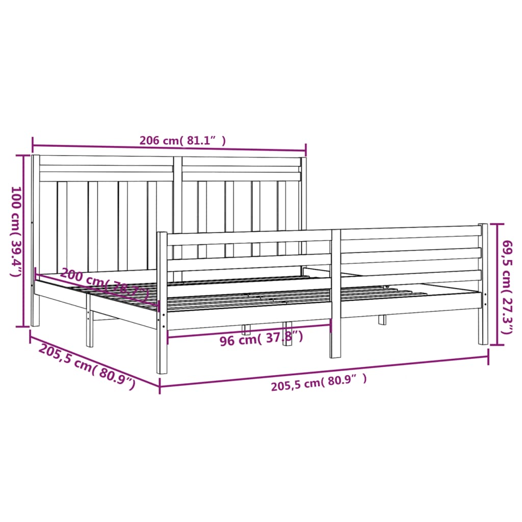 Posteljni okvir bel iz trdnega lesa 200x200 cm