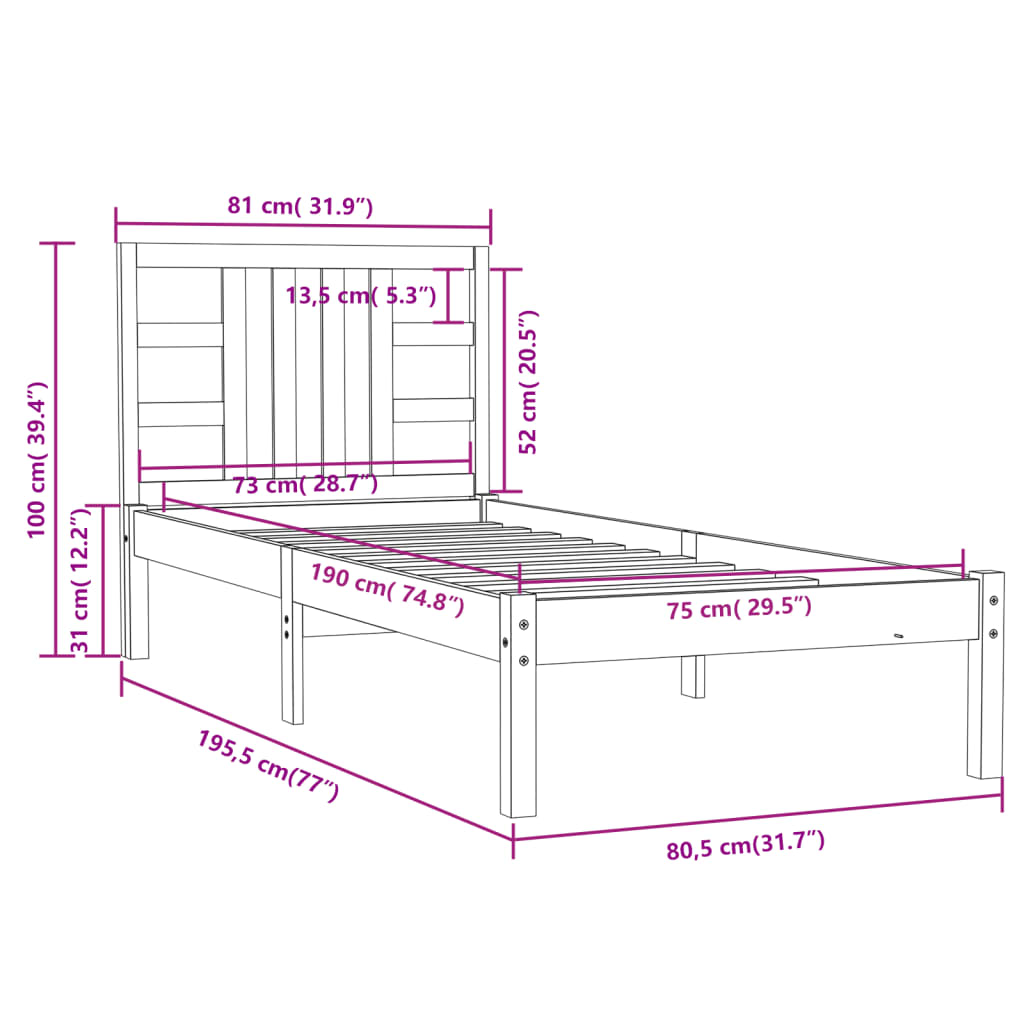 Cadru de pat mic single, 75x190 cm, lemn masiv