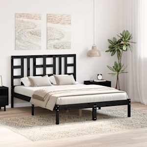 vidaXL Lovos rėmas, juodas, 135x190cm, medienos masyvas, dvivietis