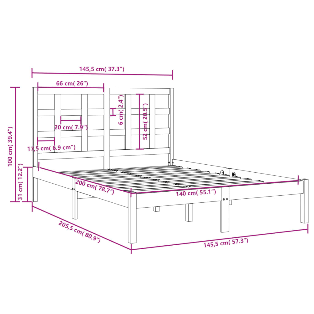 Posteljni okvir iz trdnega lesa 140x200 cm