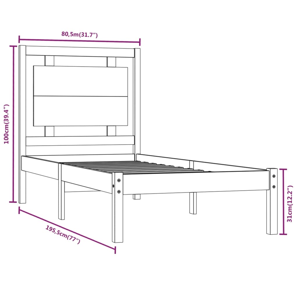 Cadru de pat mic single, alb, 75x190 cm, lemn masiv