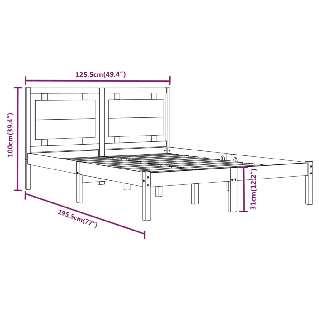 Cadru de pat mic dublu, alb, 120x190 cm, lemn masiv