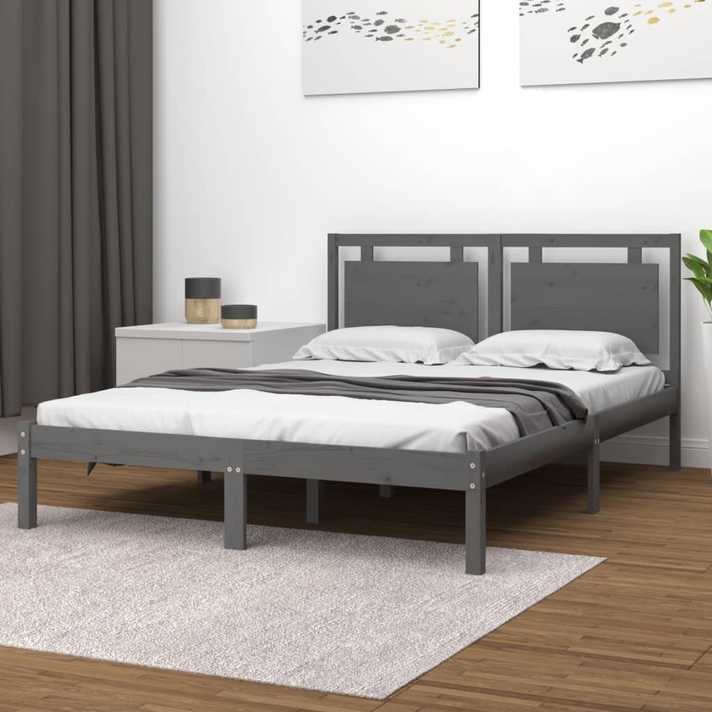 vida XL Massivholzbett Grau 150x 200 cm 5FT King Size