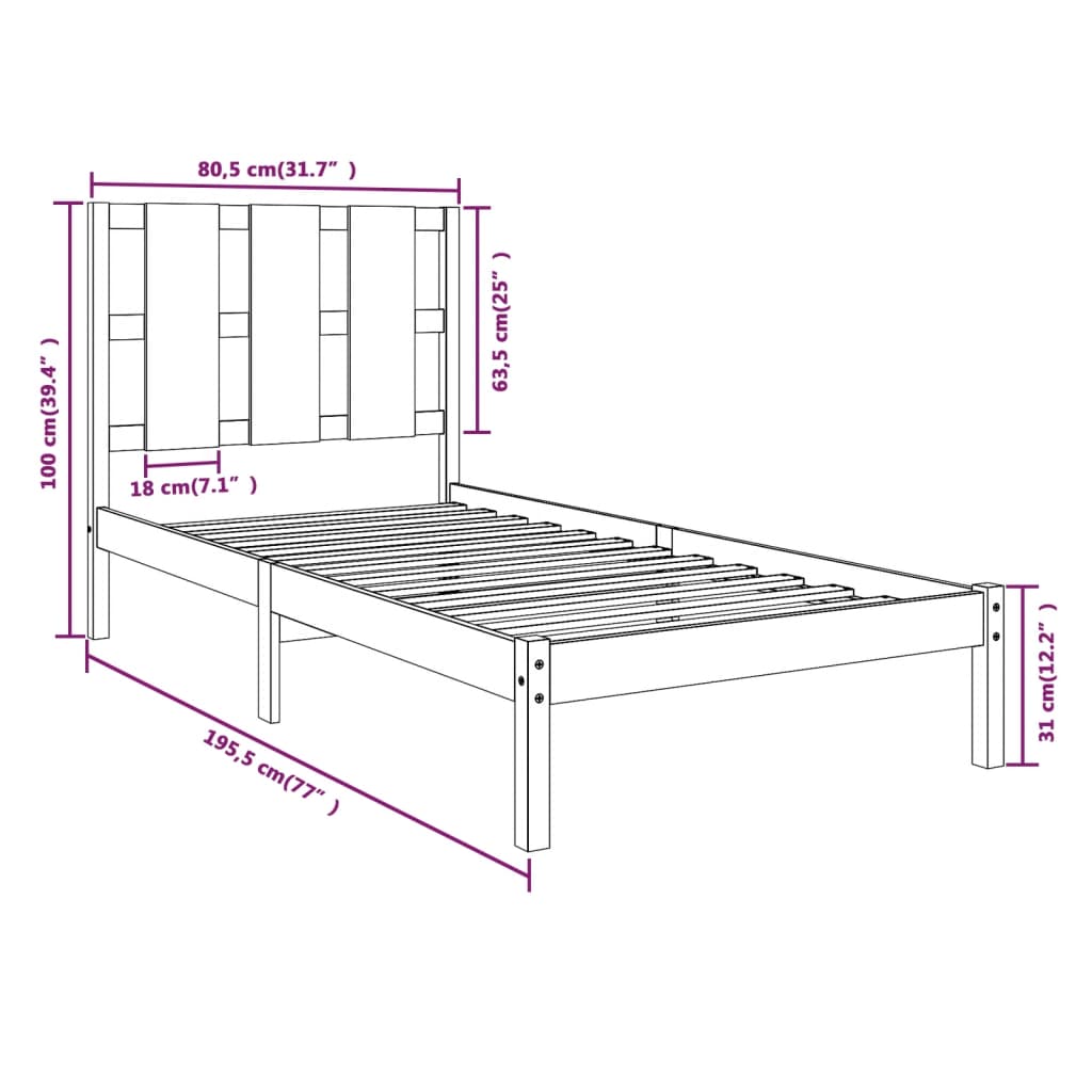 Cadru de pat mic single, 75x190 cm, lemn masiv