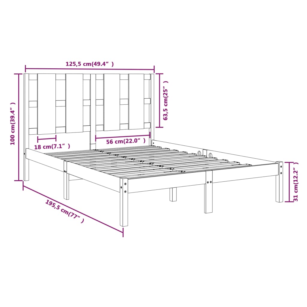 Cadru de pat mic dublu, alb, 120x190 cm, lemn masiv