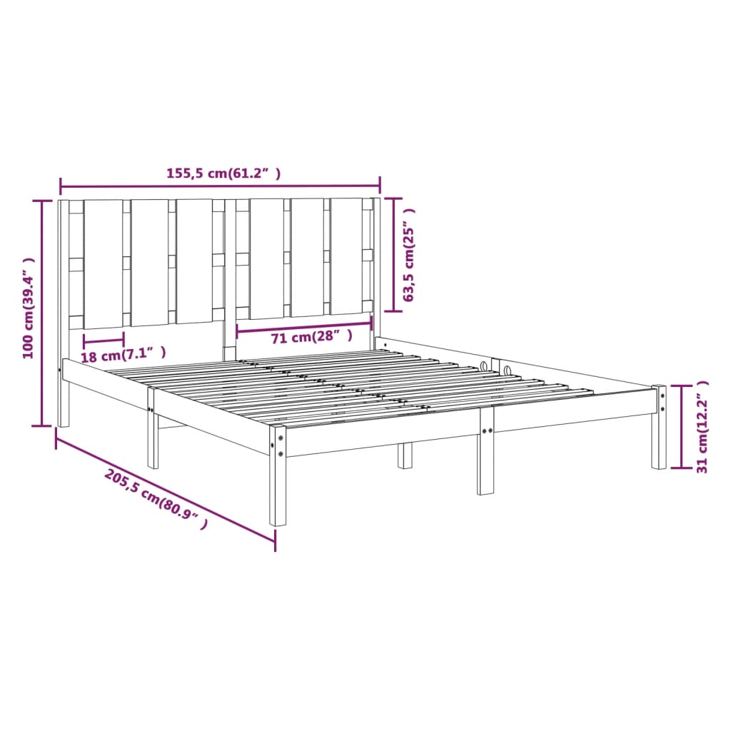 Cadru de pat King Size, alb, 150x200 cm, lemn masiv