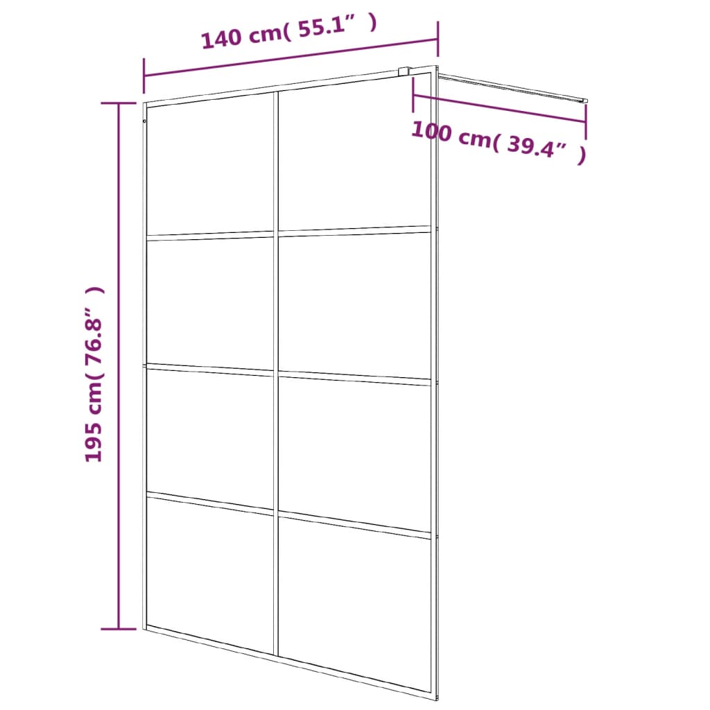 Sprchová zástěna walk-in černá 140x195 cm napůl mléčné ESG sklo