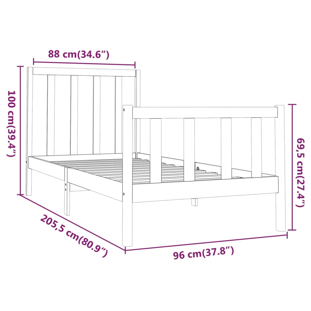 Okvir za krevet od masivne borovine crni 90 x 200 cm