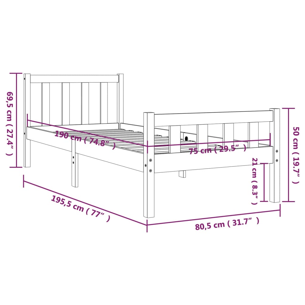 Cadru de pat mic single, 75x190 cm, lemn masiv