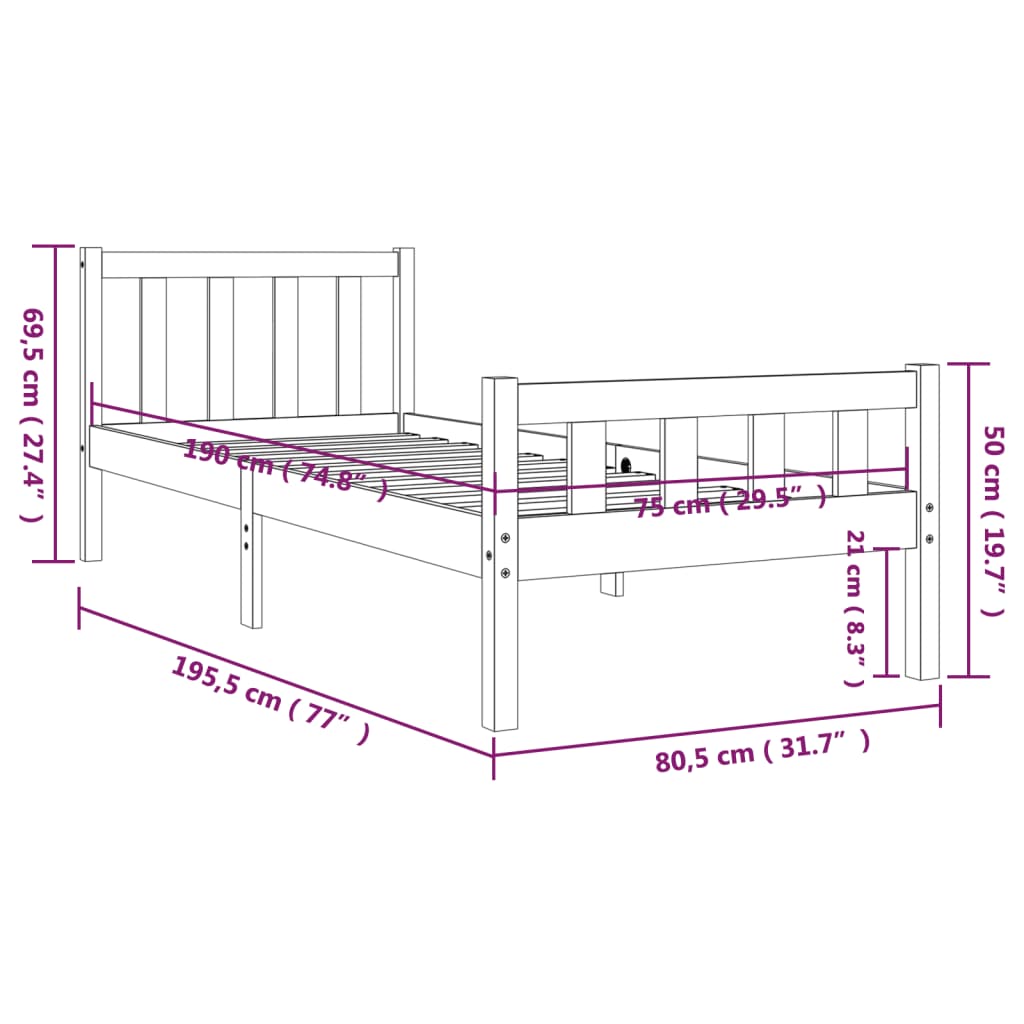 Cadru de pat mic single, alb, 75x190 cm, lemn masiv