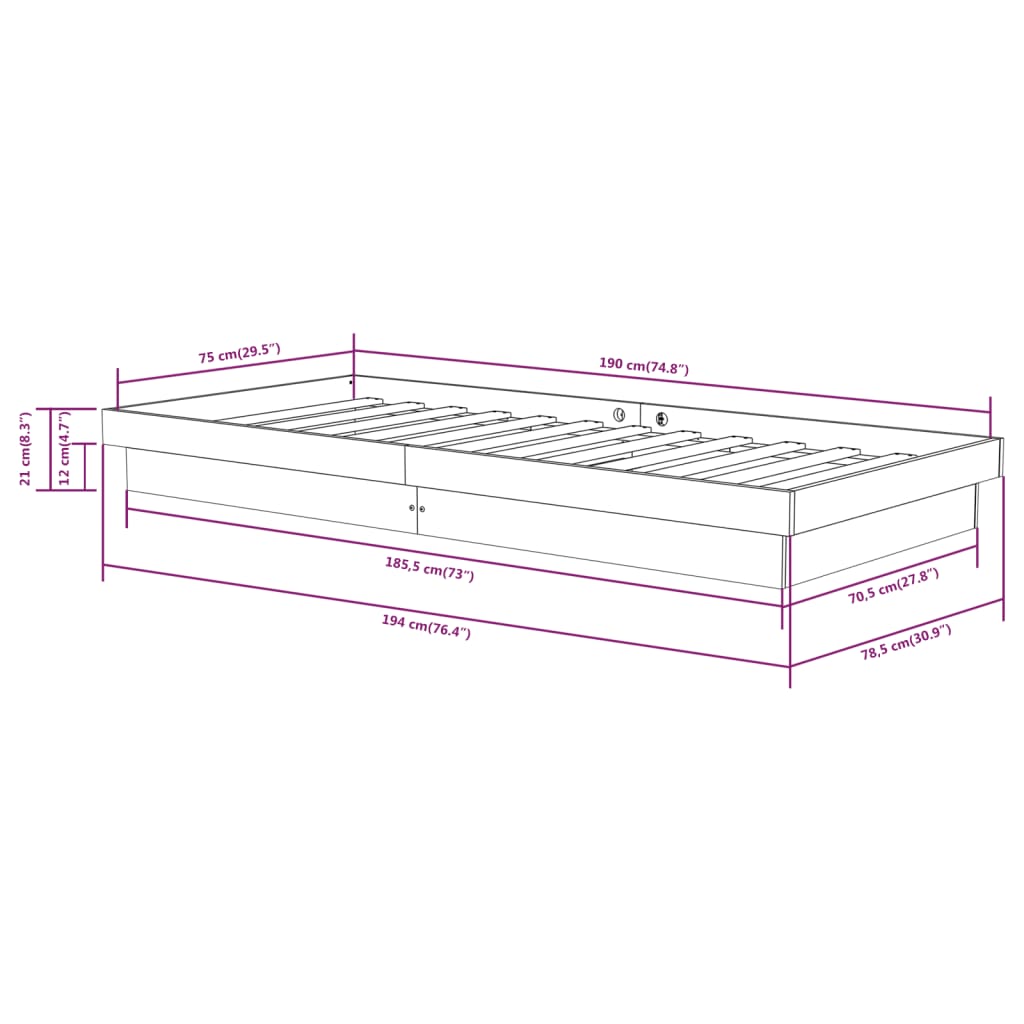 Cadru de pat mic single, 75x190 cm, lemn masiv