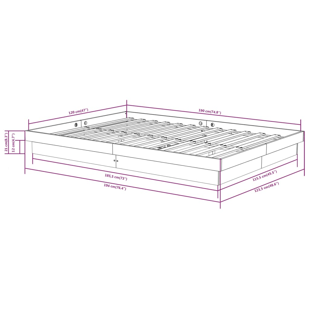 Cadru de pat mic dublu, negru, 120x190 cm, lemn masiv