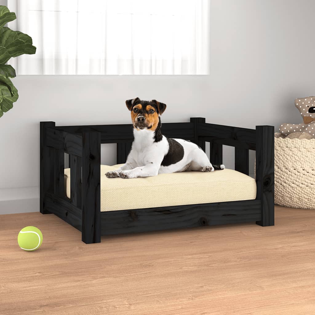 Pat pentru câini, negru, 55,5×45,5×28 cm, lemn masiv de pin