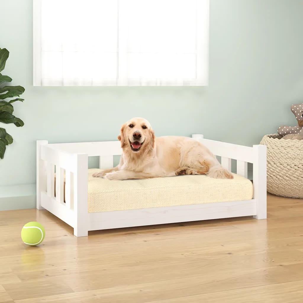 Pat pentru câini, alb, 75,5×55,5×28 cm, lemn masiv de pin