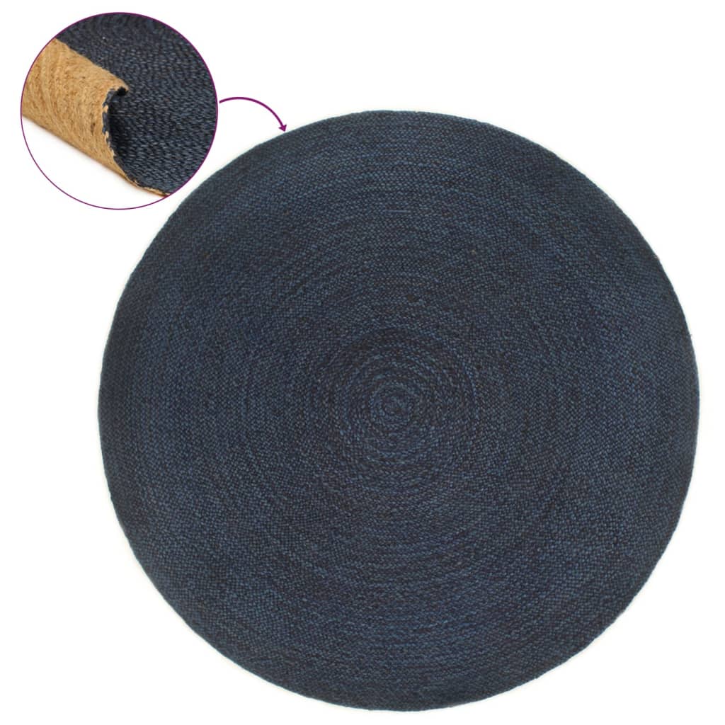 Flätad matta vändbar marinblå och naturfärg 120 cm jute rund