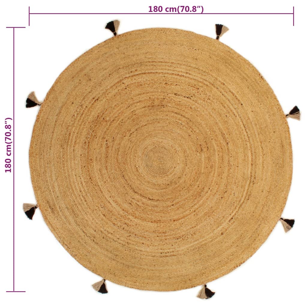 Covor împletit cu ciucuri, 180 cm, iută, rotund