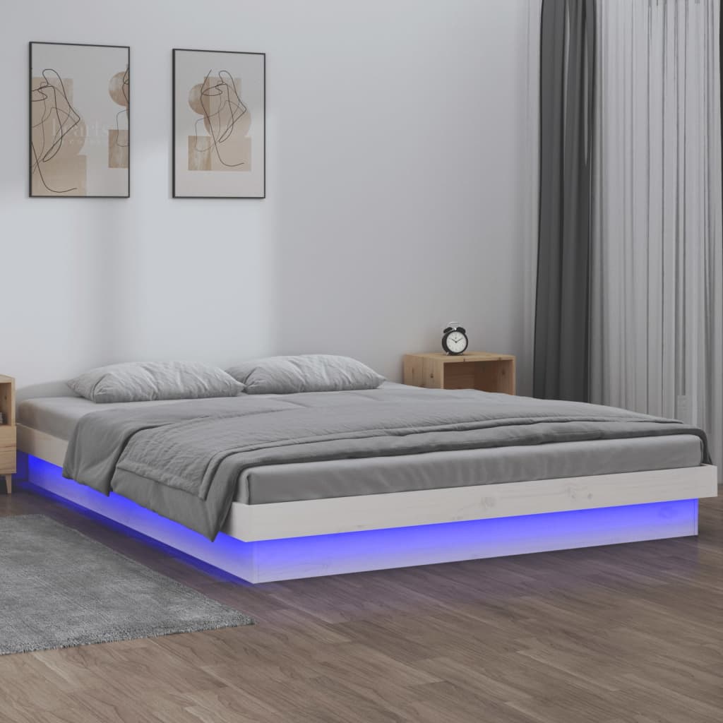 Cadru de pat cu LED, alb, 120x200 cm, lemn masiv