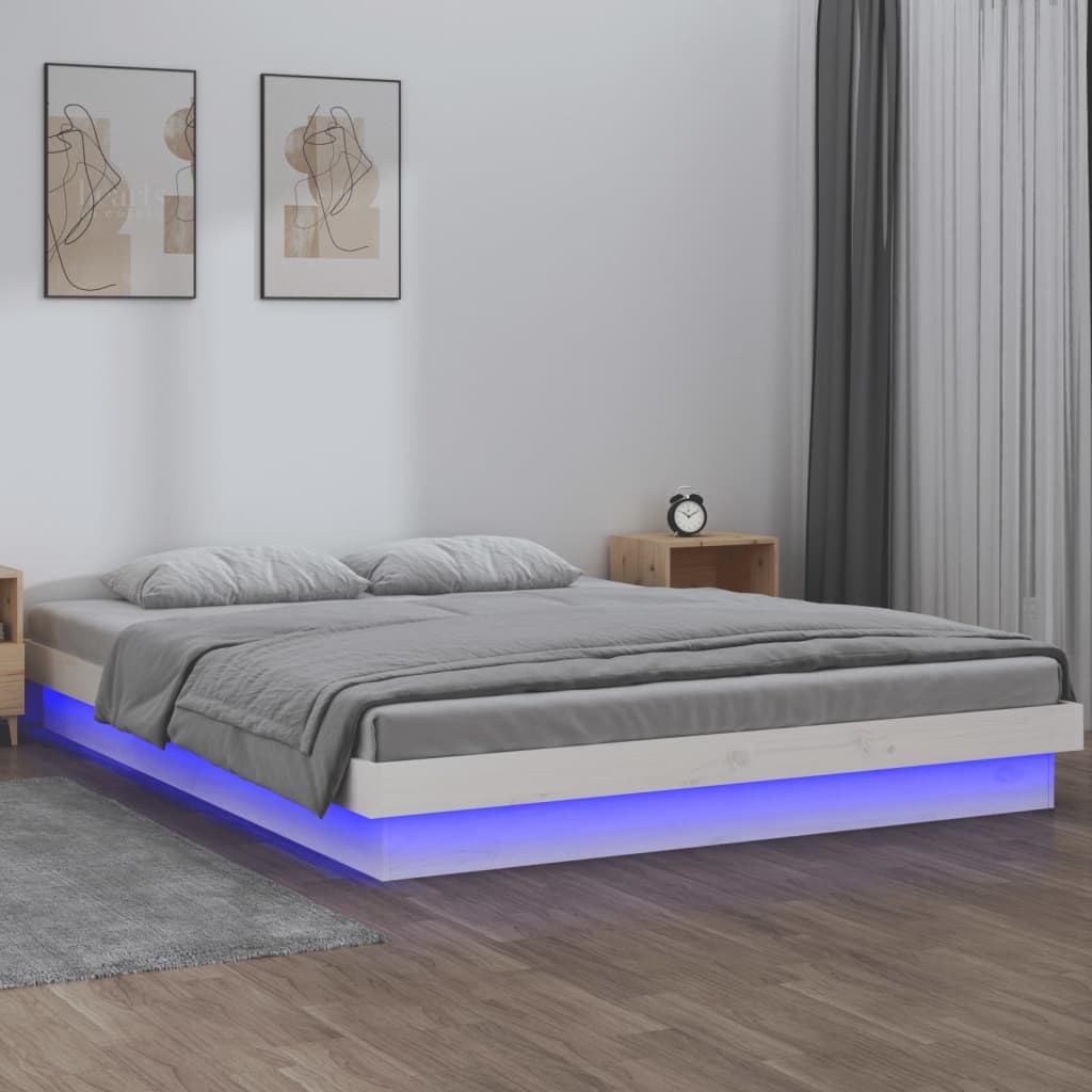Cadru de pat cu LED, alb, 140x200 cm, lemn masiv