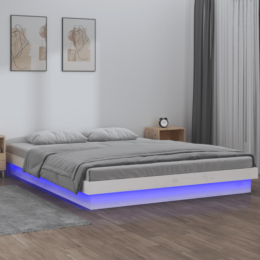 vidaXL Cadru de pat cu LED King Size, alb, 150x200 cm, lemn masiv