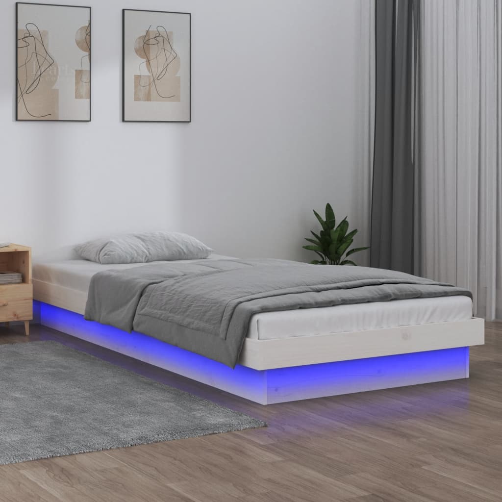 Cadru de pat cu LED single 3FT, alb, 90x190 cm, lemn masiv