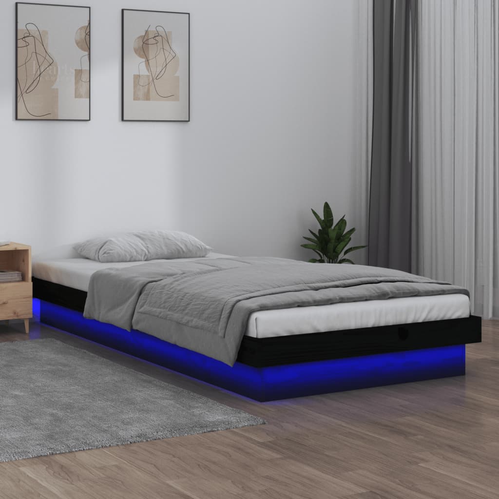 vidaXL Cadru de pat Single 3FT cu LED, negru, 90x190 cm, lemn masiv