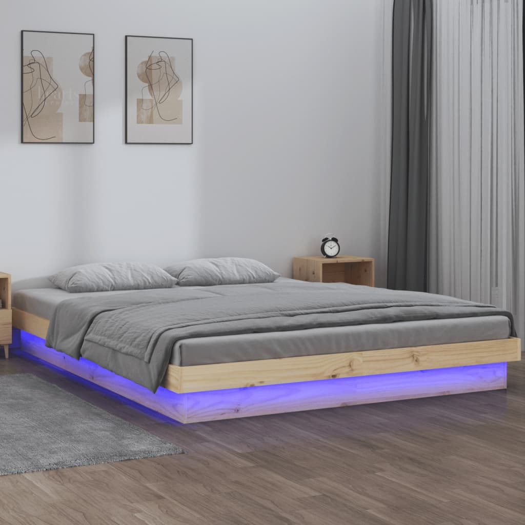 vidaXL Rama ��ka z LED, szara, 135x190 cm, podw�jna, lite drewno