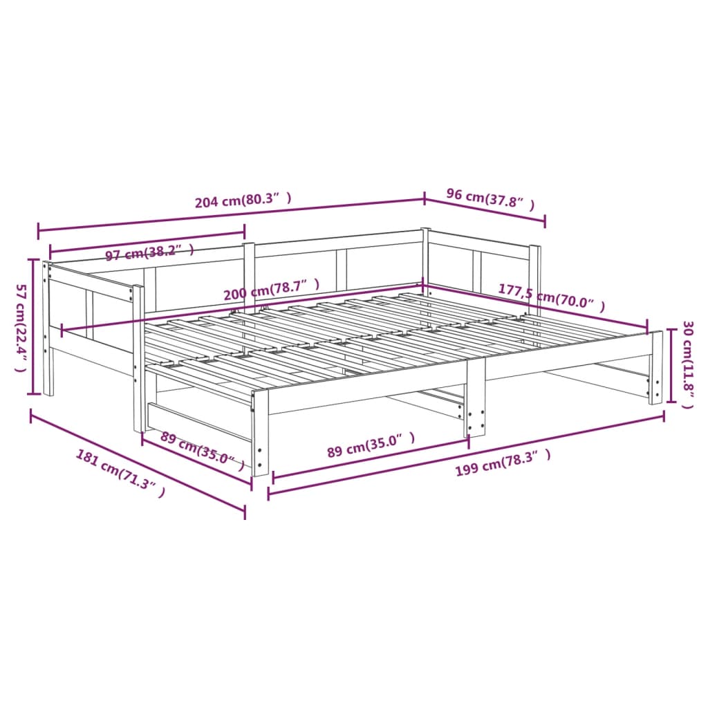 Pat extensibil de zi, 2x(90x200) cm, lemn masiv de pin