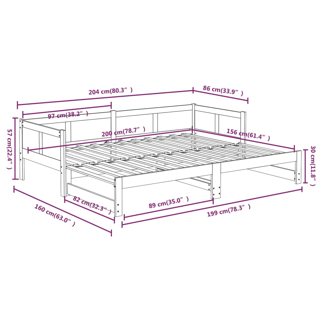 Izvlečna dnevna postelja bela trdna borovina 2x(80x200) cm