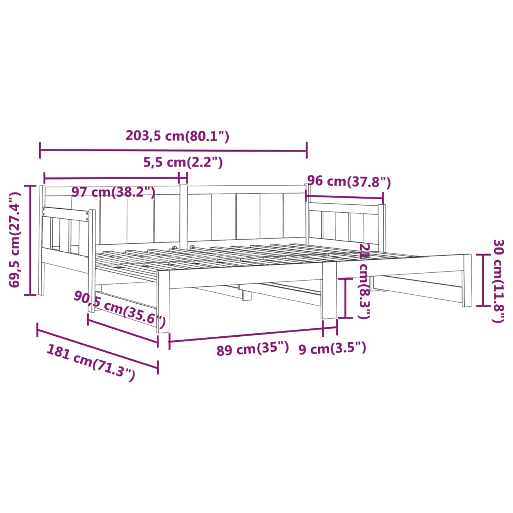 Pat extensibil de zi, 2x(90x200) cm, lemn masiv de pin