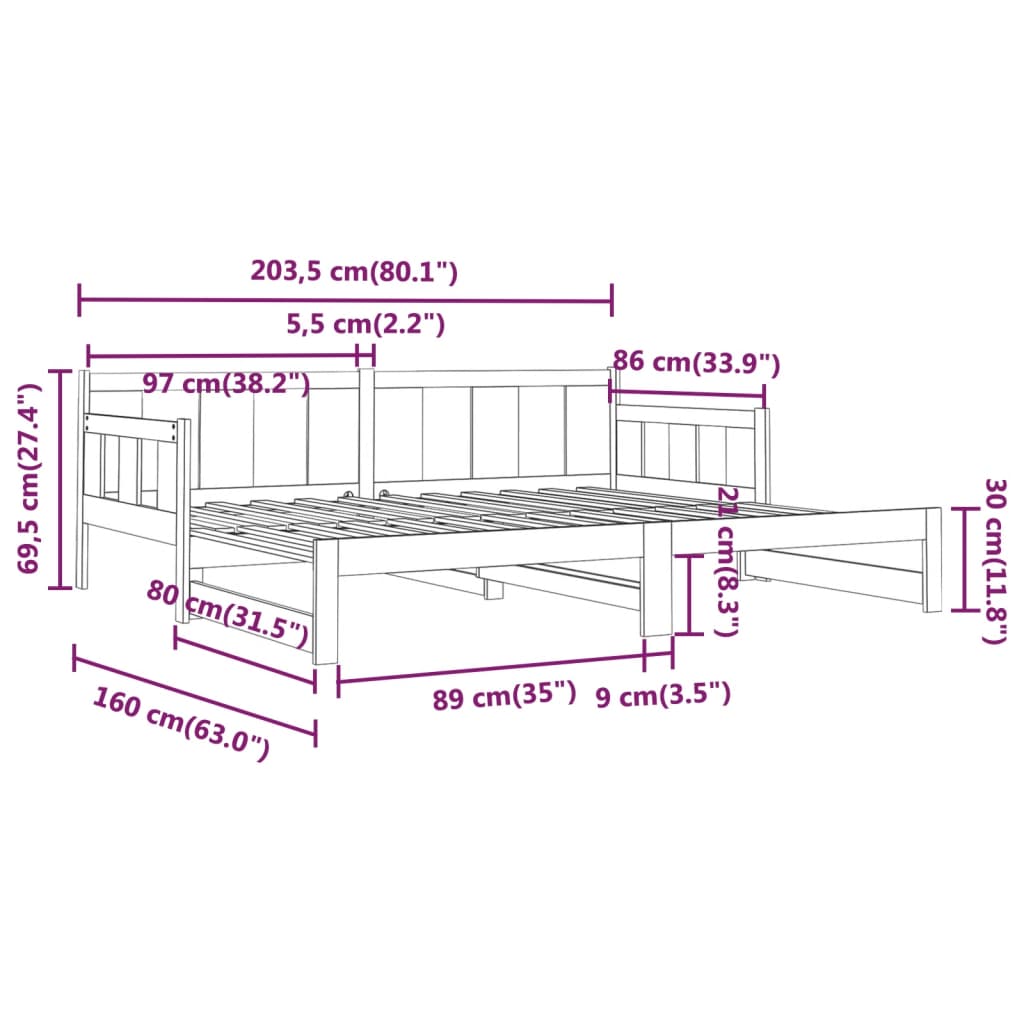 Pat extensibil de zi, 2x(80x200) cm, lemn masiv de pin