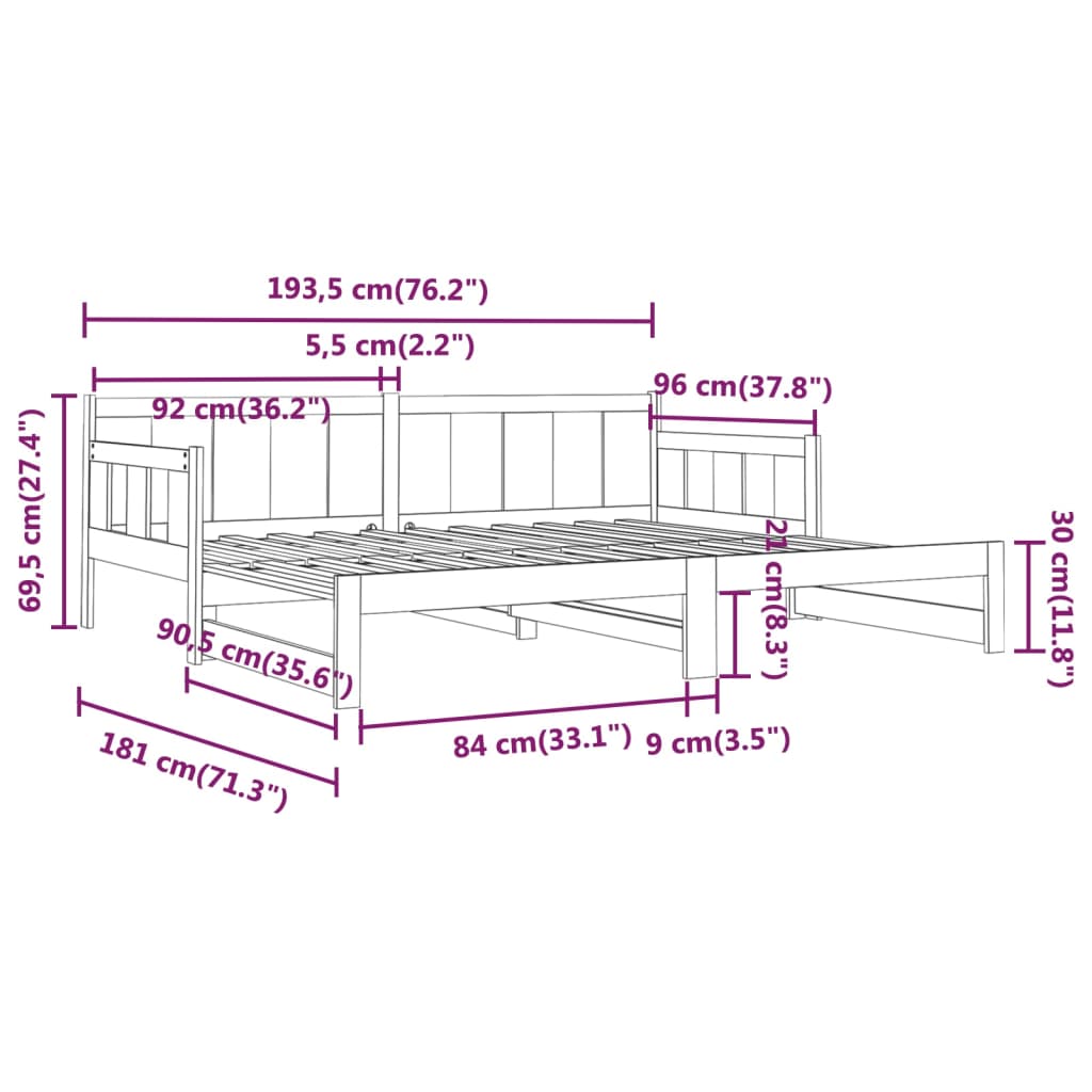 Pat extensibil de zi, alb, 2x(90x190) cm, lemn masiv de pin