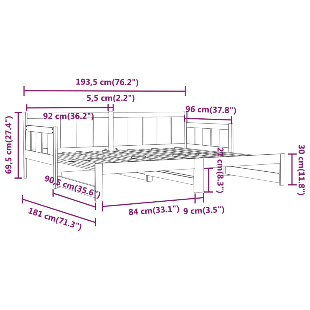 Pat extensibil de zi, negru, 2x(90x190) cm, lemn masiv pin