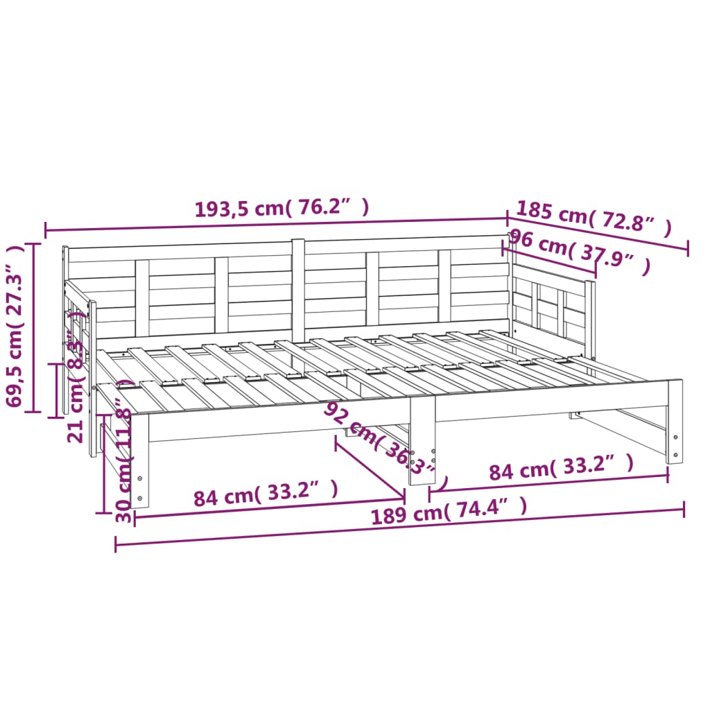 Pat de zi extensibil, alb, 2x(90x190) cm, lemn masiv de pin