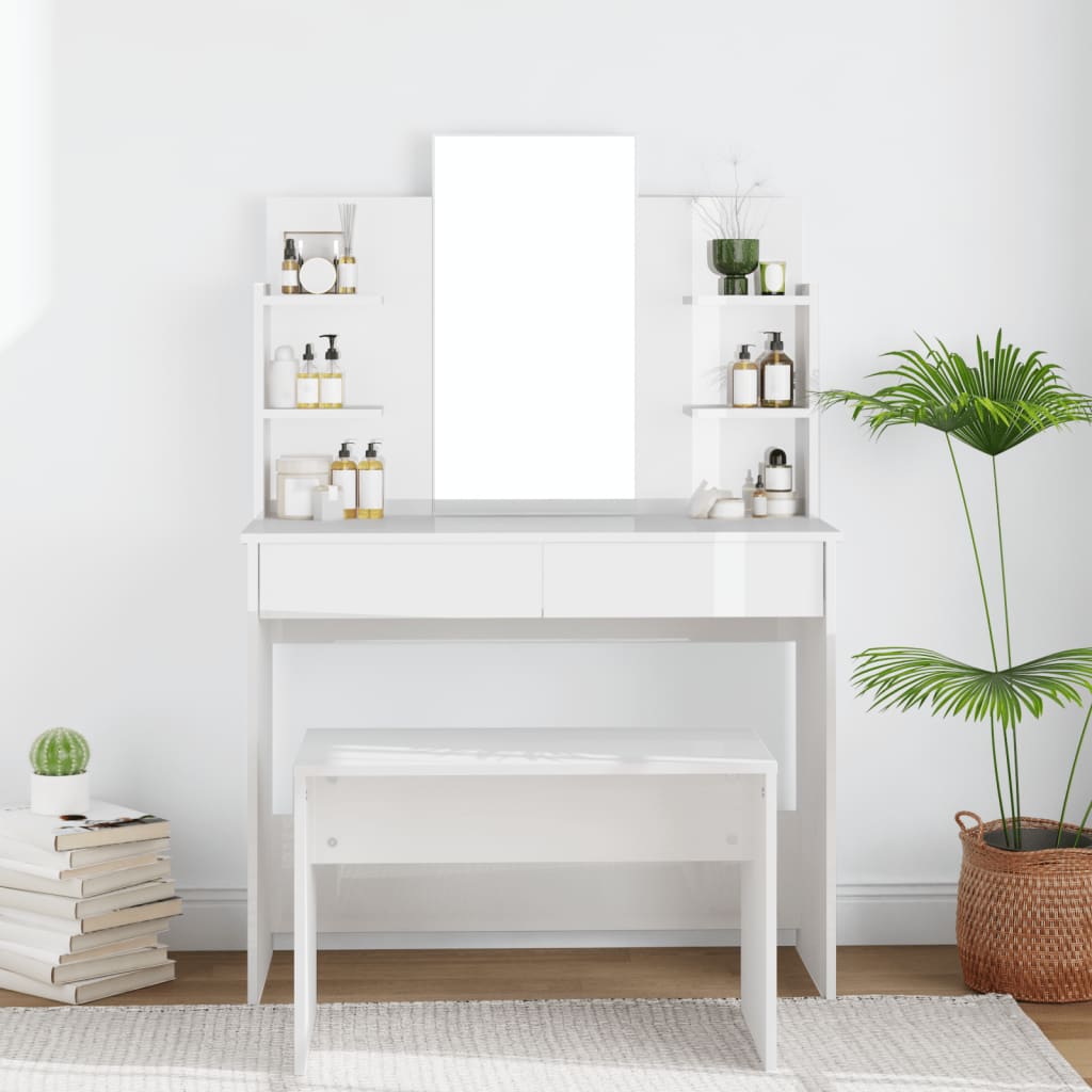 Petrashop  Toaletní stolek se zrcadlem lesklý bílý 96 x 40 x 142 cm