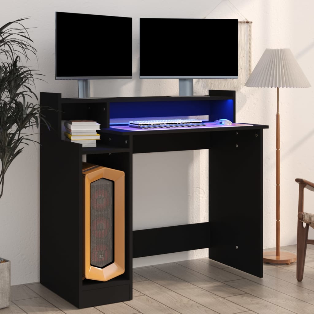vidaXL skrivebord med LED-lys 97x45x90 cm konstrueret træ sort
