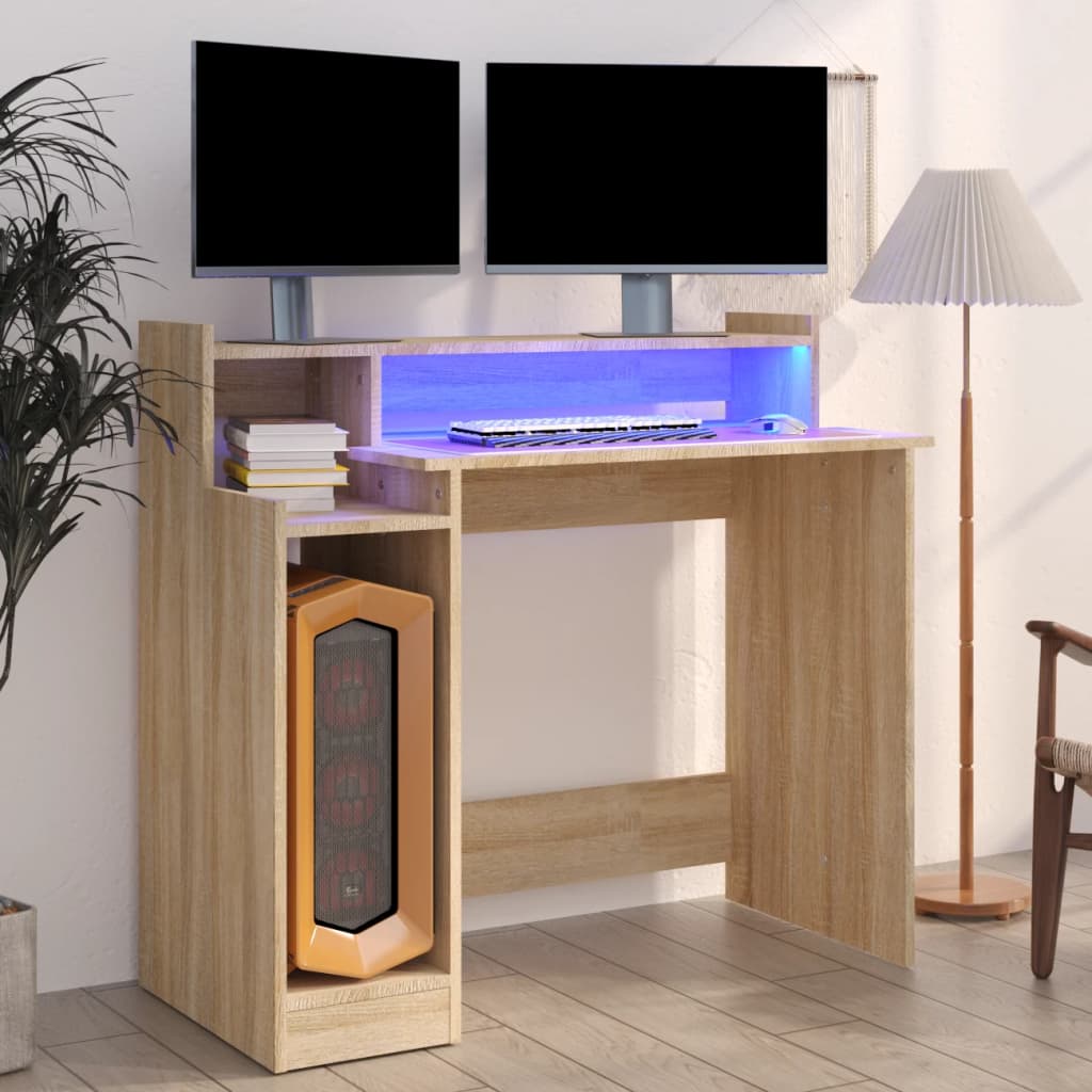 vidaXL skrivebord med LED-lys 97x45x90 cm konstrueret træ sonoma-eg