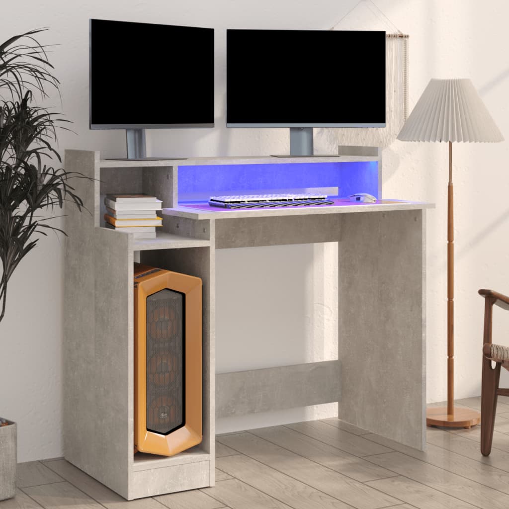 vidaXL Työpöytä LED-valoilla betoninharmaa 97x45x90 cm tekninen puu