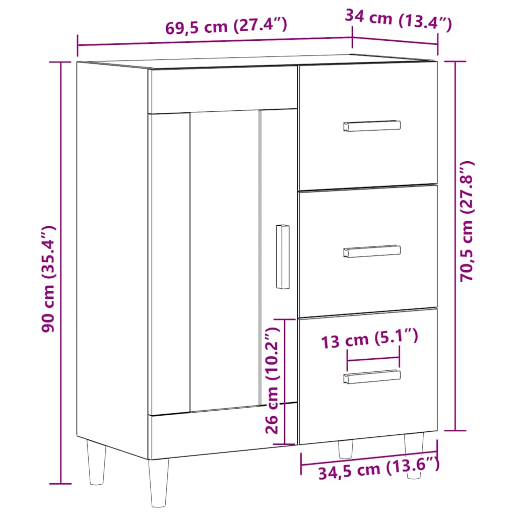 Komoda bela 69,5x34x90 cm konstruiran les - slika 14