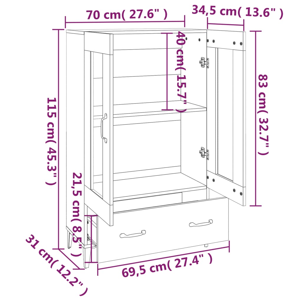 Visoka omarica bela 70x31x115 cm inženirski les