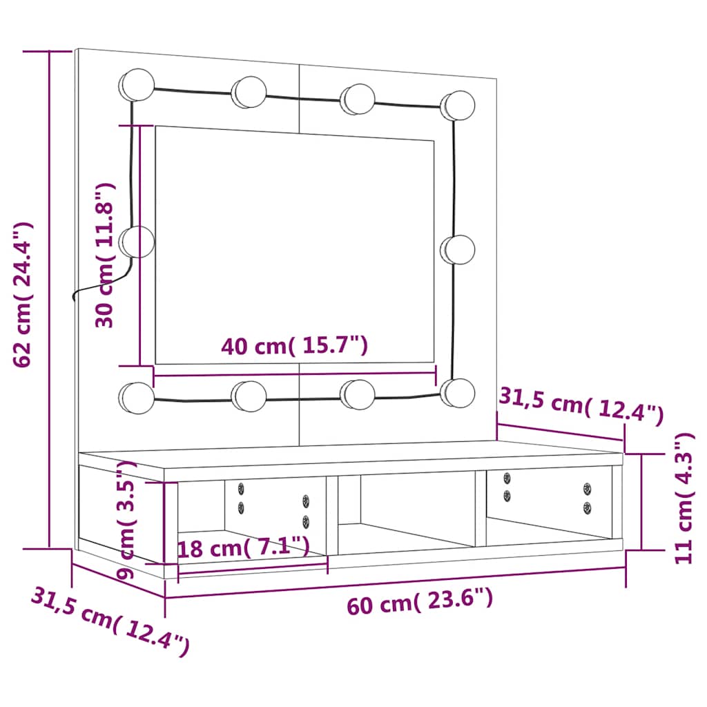 Zrcadlová skříňka s LED šedá sonoma 60 x 31,5 x 62 cm - obrázek 14