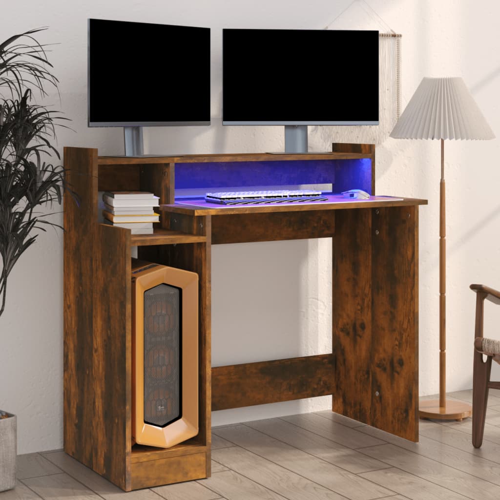 Bureau et lumières LED Chêne fumé 97x45x90 cm Bois d'ingénierie