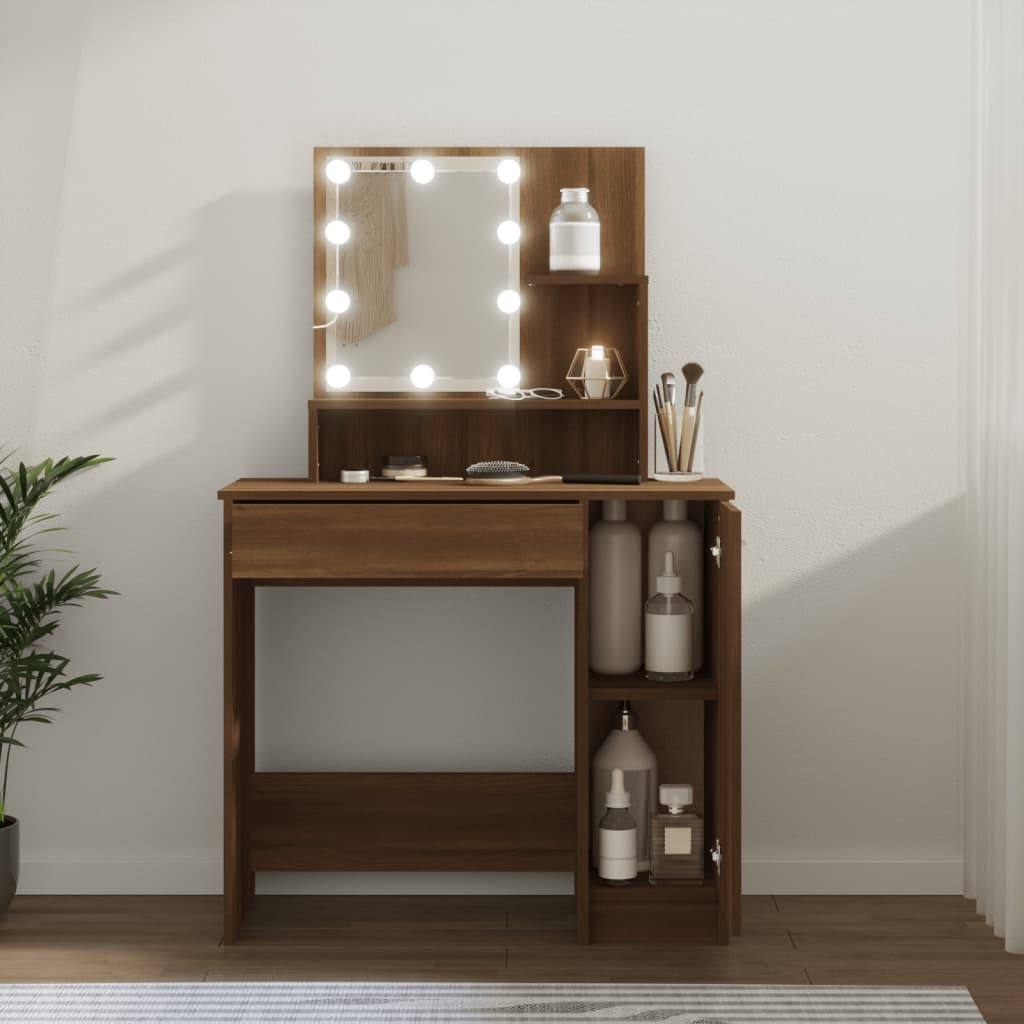 vidaXL Dressing Table with LED Brown Oak 86.5x35x136 cm