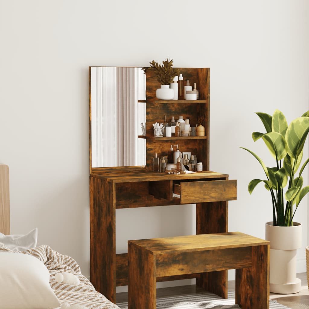 vida XL Schminktisch mit Spiegel Räuchereiche 74,5x 40x 141 cm