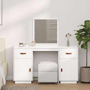 Komplet toaletne mizice z ogledalom bela trdna borovina