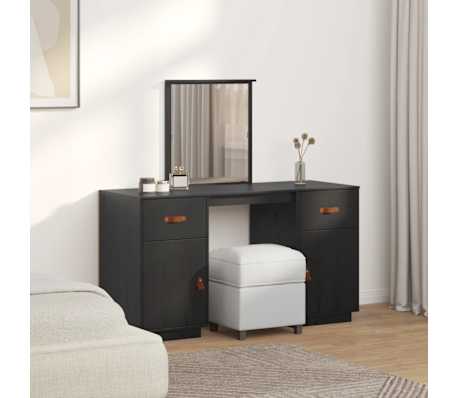 vidaXL Komplet toaletne mizice z ogledalom črna trdna borovina