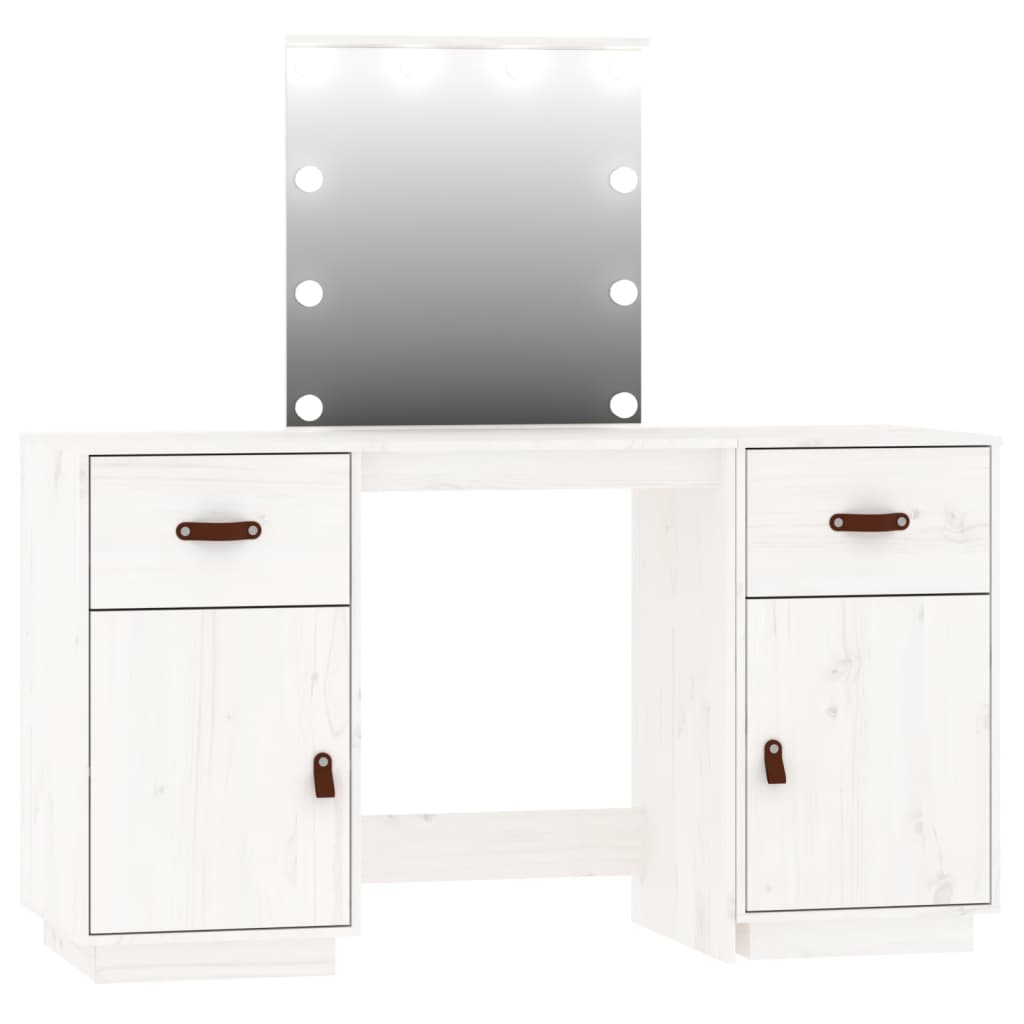 Set de masă de toaletă cu LED, alb, lemn masiv de pin