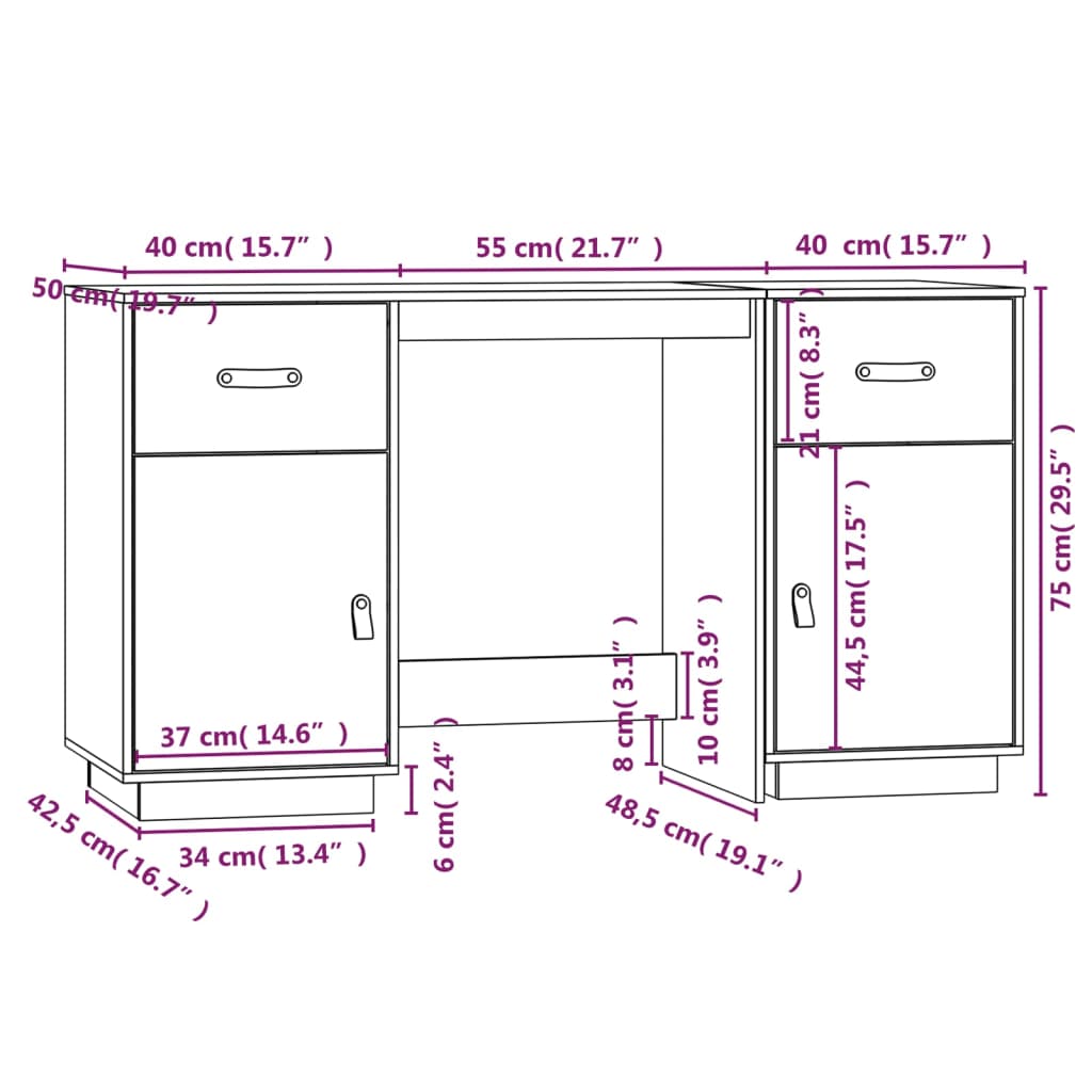 imagem de vidaXL Secretária com armários 135x50x75 cm pinho maciço branco11